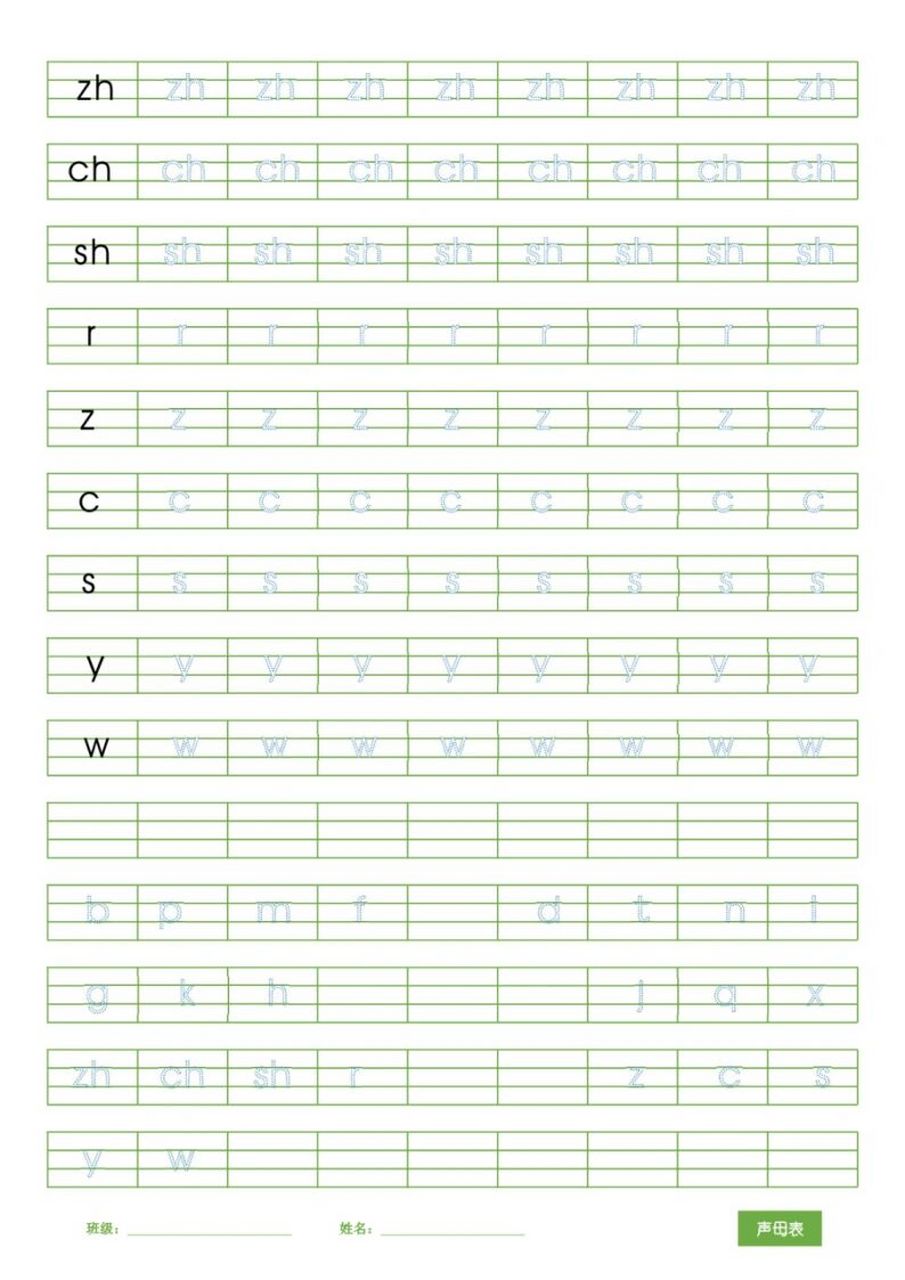 一年级汉语拼音描红可截图打印(声母 26个汉语拼音字母,声母韵母表