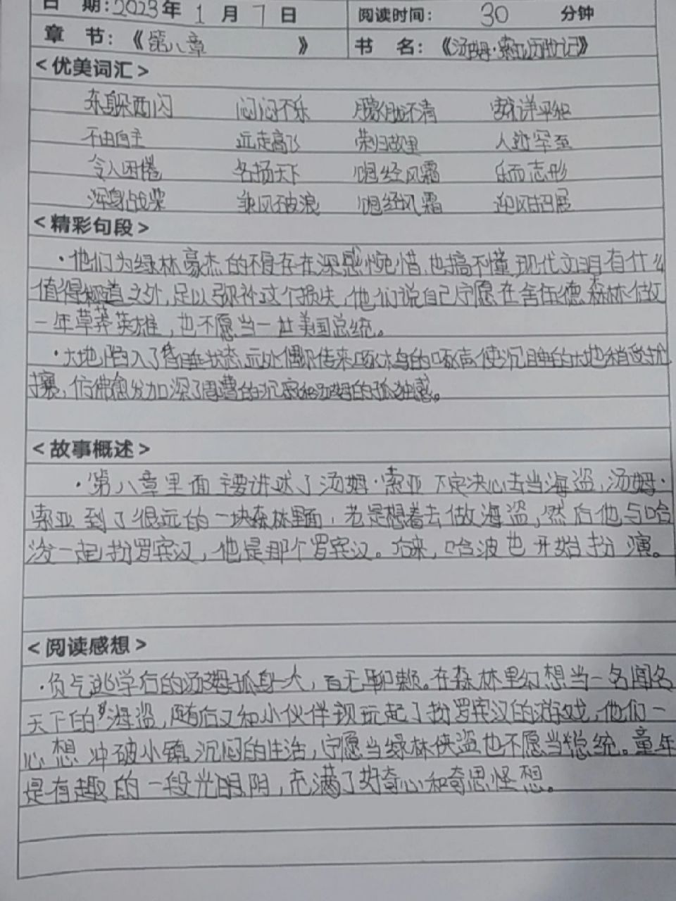 《汤姆索亚历险记》第八章读书笔记 非本人原创