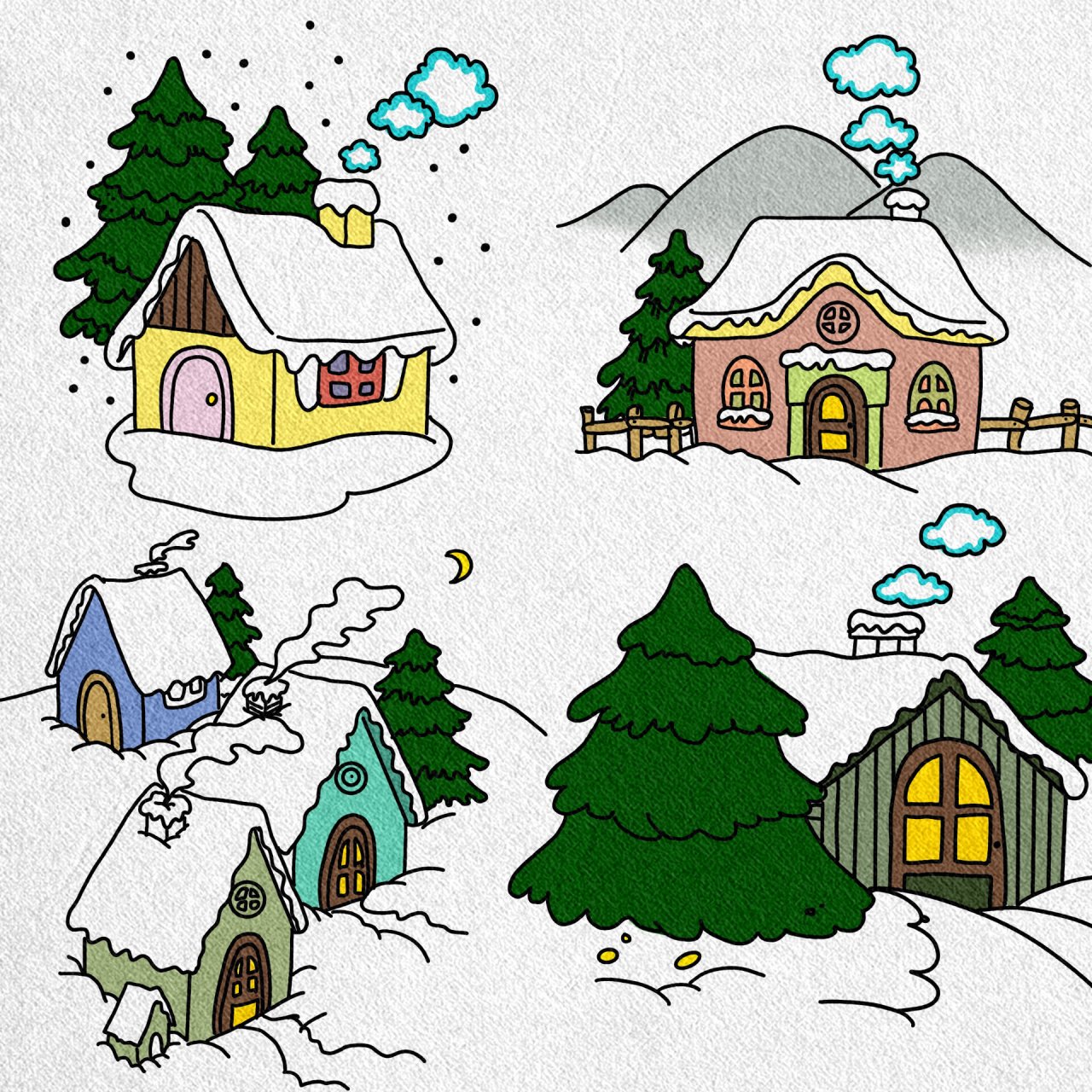 冬季雪景小屋 7615| 简笔画  | 附线稿 冀美版 年级上册 第课