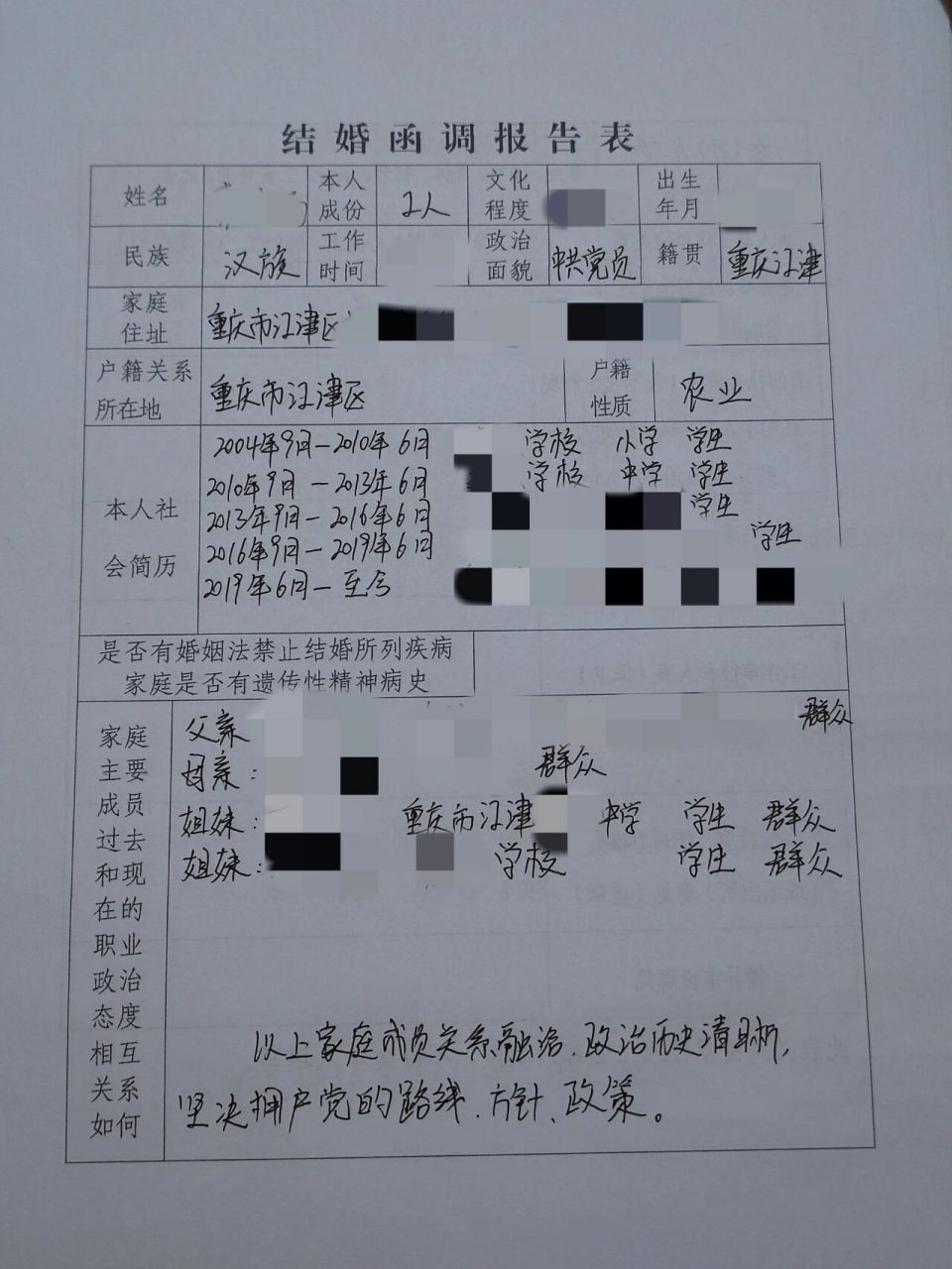 结婚函调报告表(由男方在部队打印寄回,可能有些地方可以自己打印