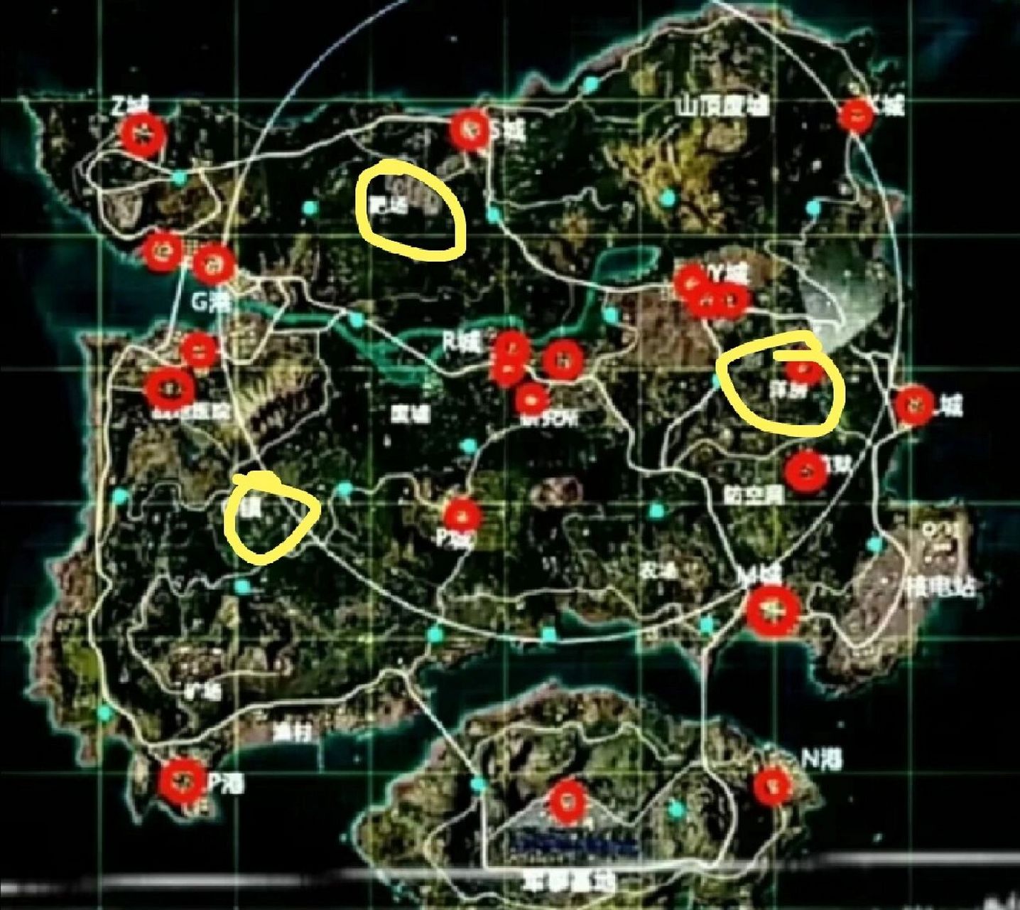 和平精英火力对决军火库和据点刷新位置 红圈为军火库黄圈为据点,据点