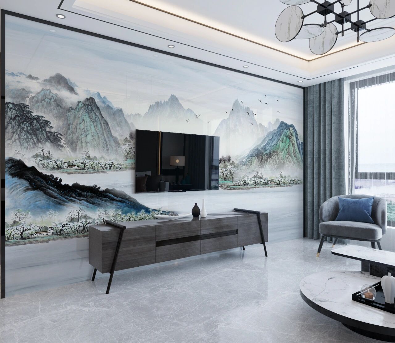 超好看的山水画岩板电视背景墙