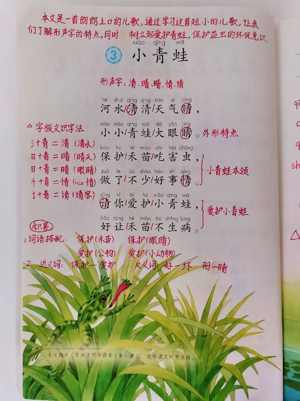 一年级下册第3课《小青蛙》课堂笔记 这一课的重点是区分几个形声字