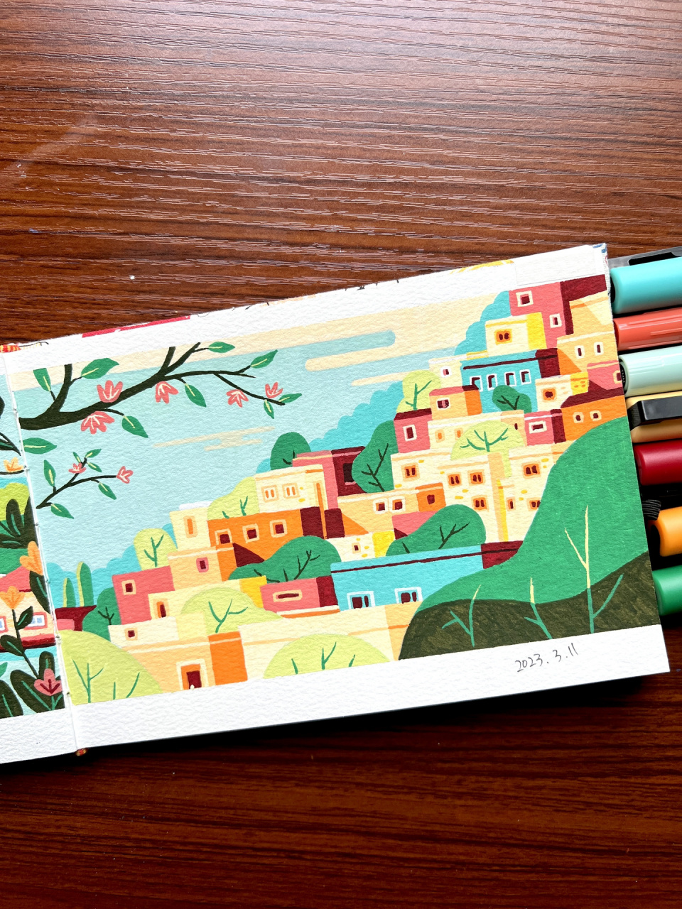 丙烯马克笔(29)半山小镇(附过程) 和昨天的画连起来看更好看 临摹