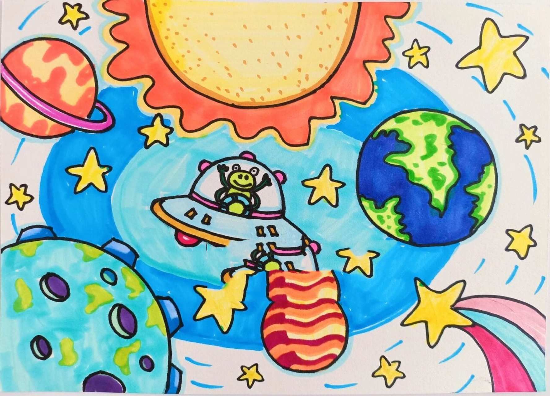 少儿童画简笔卡通创意宇宙行星飞船外星 原创!