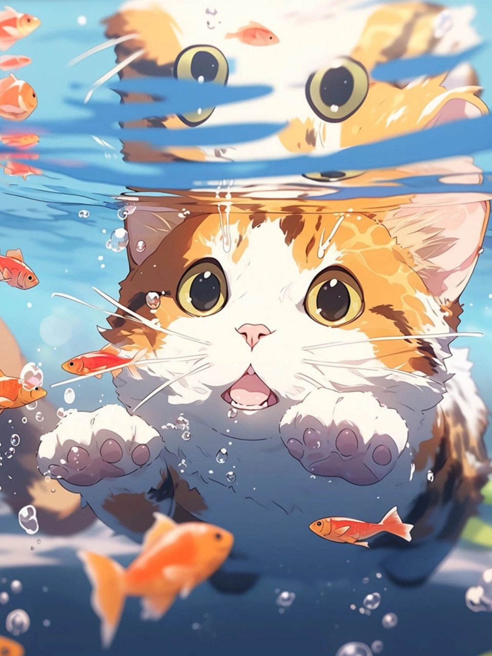 手机壁纸 4k 清凉夏日 小猫咪潜水学成记 小鱼,哇好多小鱼,我捉我捉