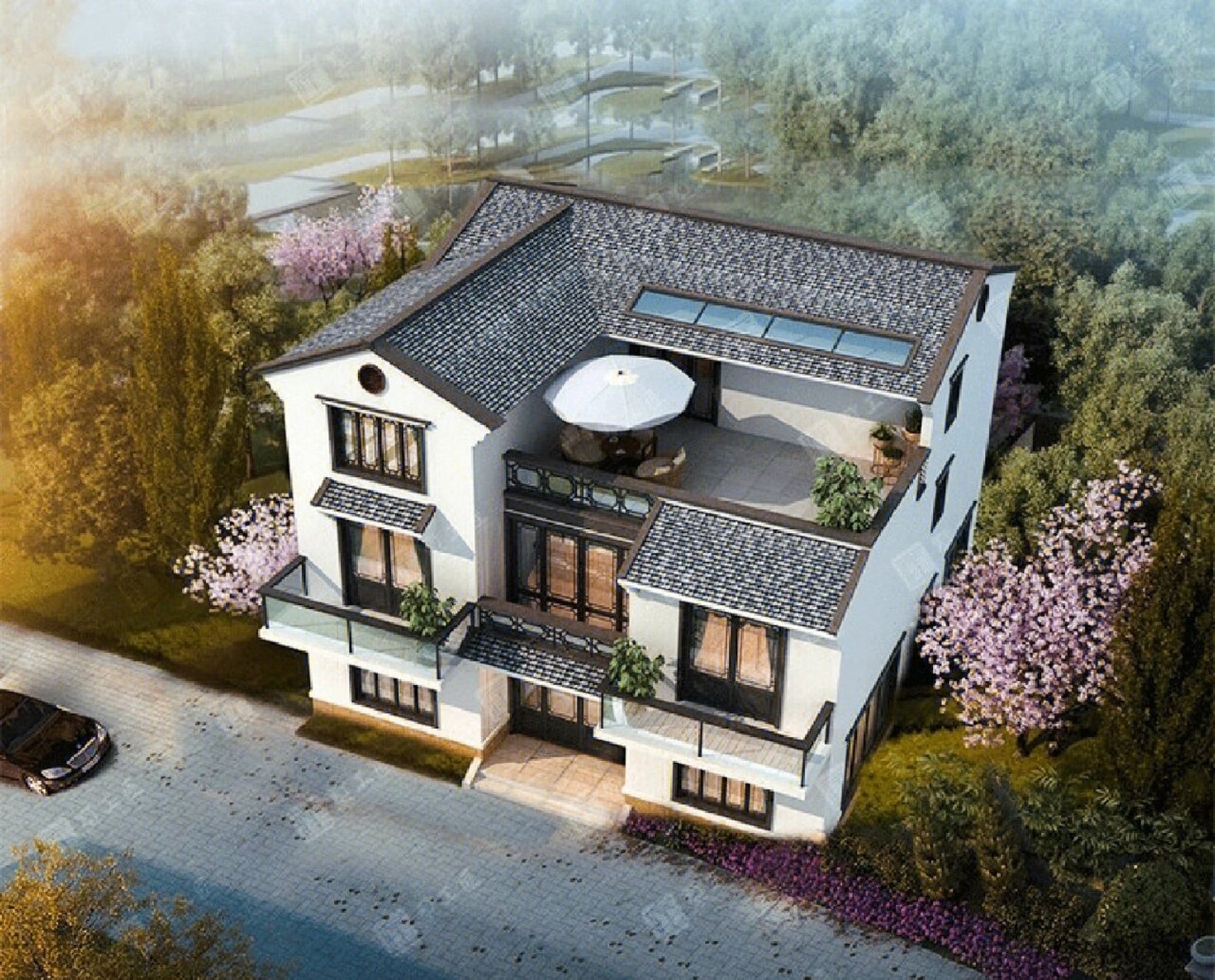 农村灰瓦白墙三层徽派自建房 75今天介绍的是一款徽派中式三层别墅