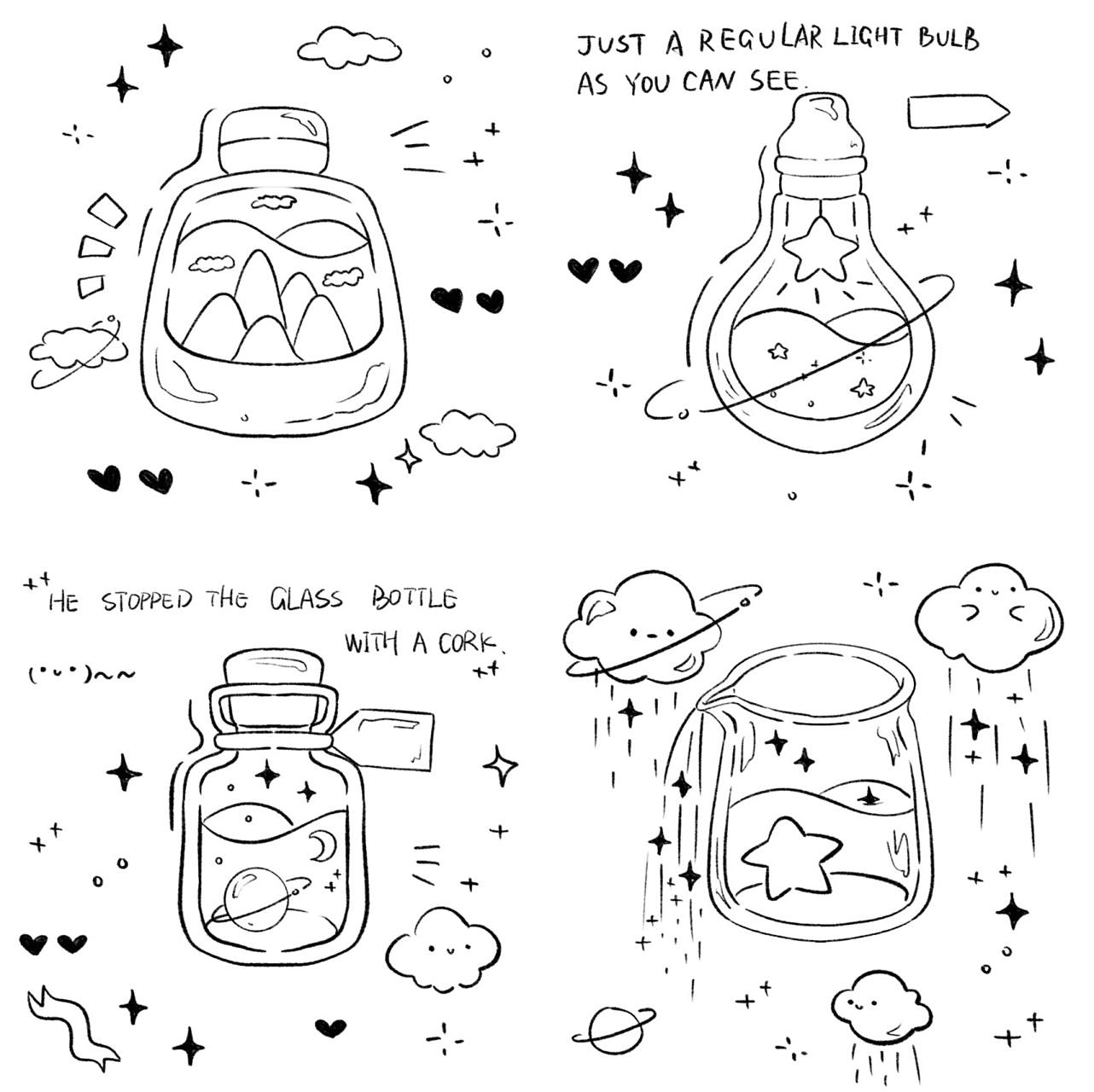 瓶子简笔画合集丨黑白ins手绘教程星云瓶  星云瓶 星球瓶 天气瓶 星星