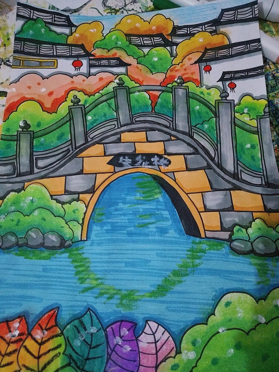 《江南水乡》主题画 运用了马克笔,油画棒,水彩笔,彩铅,的创意画