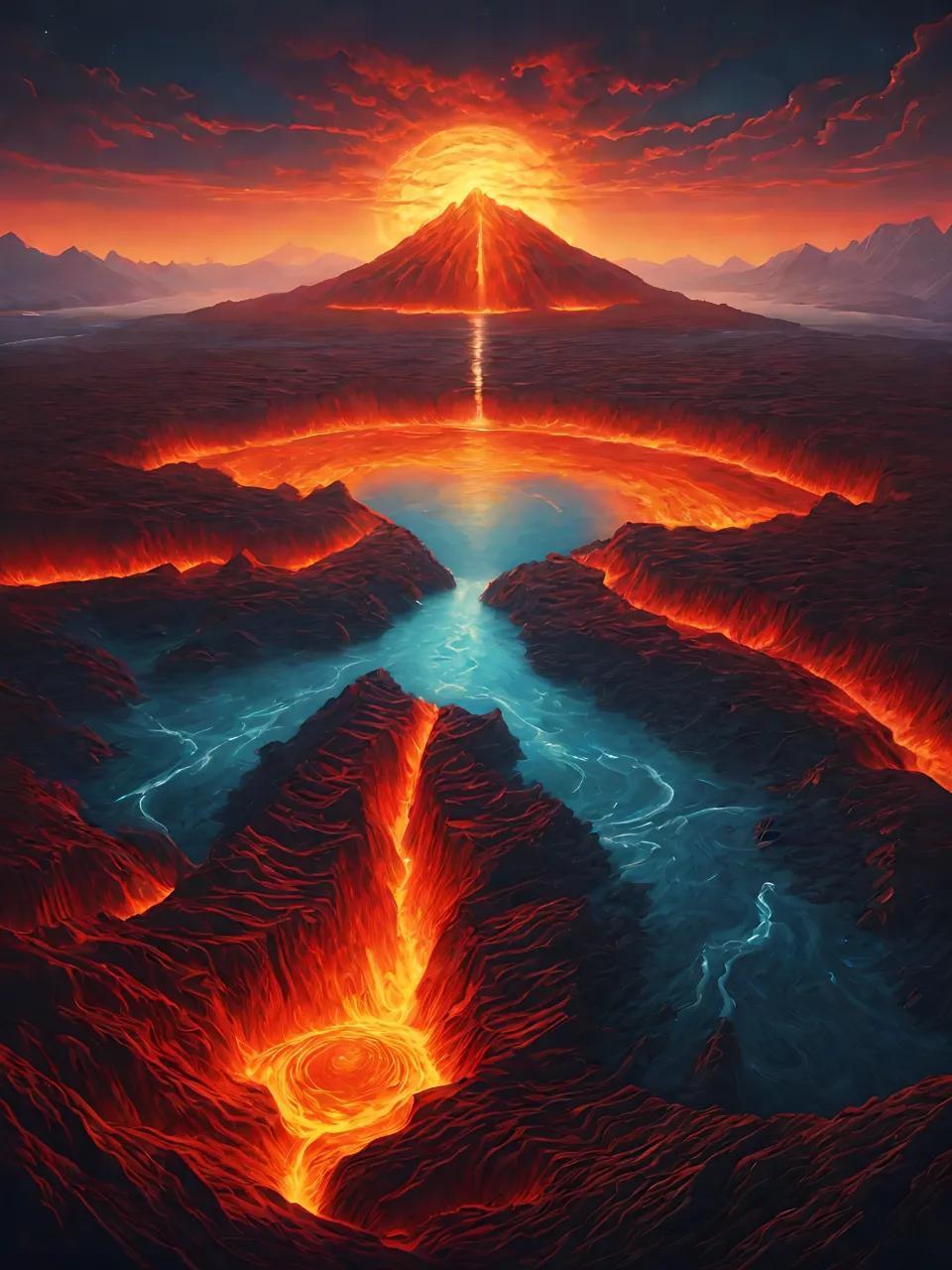 火海红霞映,火山喷发间.