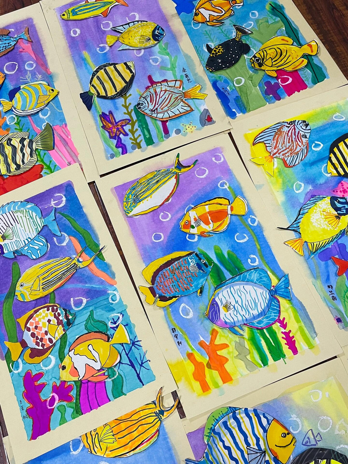 热带鱼颜色绚烂夺目, 特别出课效 30*50半熟宣纸 马克笔涂色,背景海水