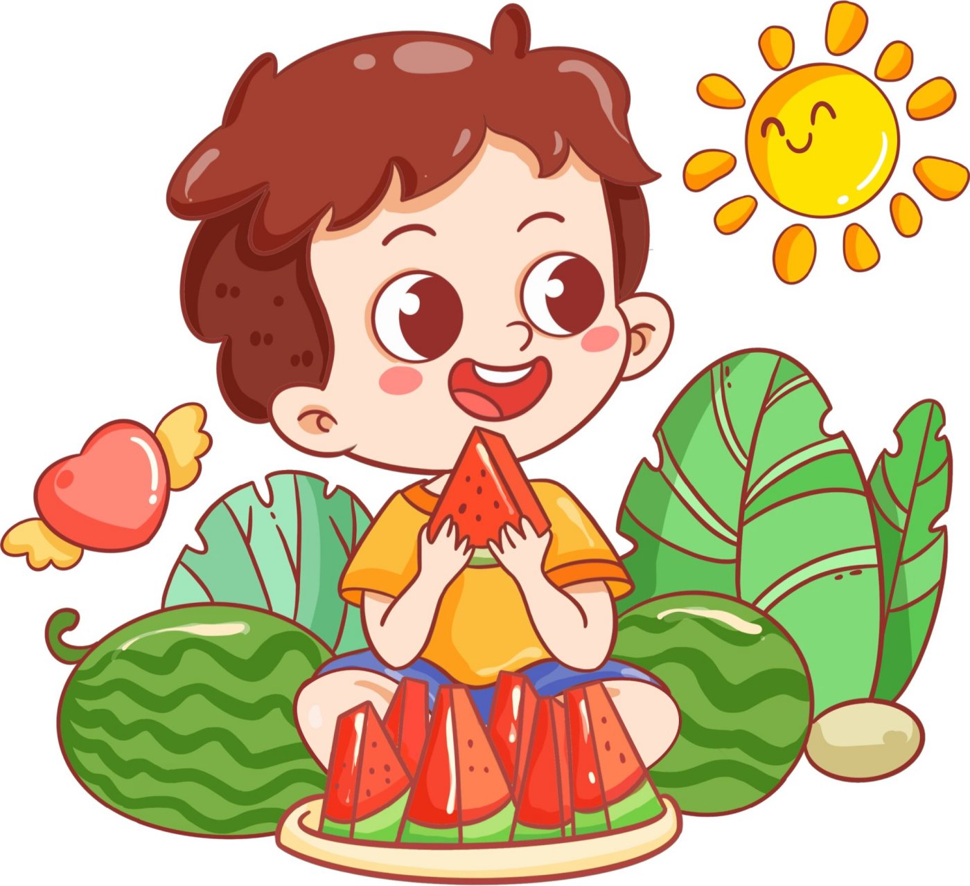 🍉我爱吃西瓜|卡通吃西瓜插画|免扣素材 立夏,二十四节气中第七个