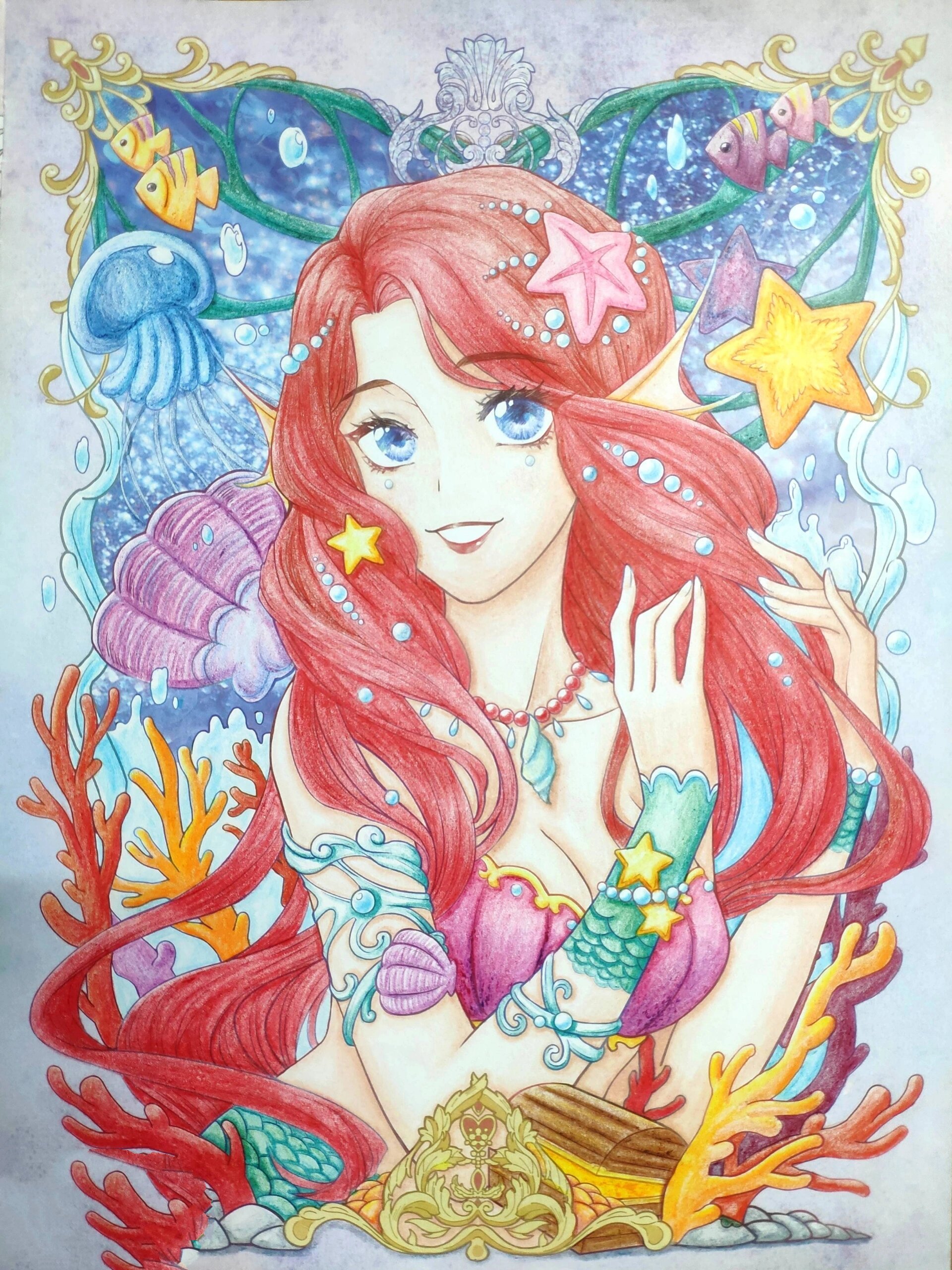 彩铅画涂色:小美人鱼海底世界 六一节快乐 送来彩铅画涂色:小美人鱼