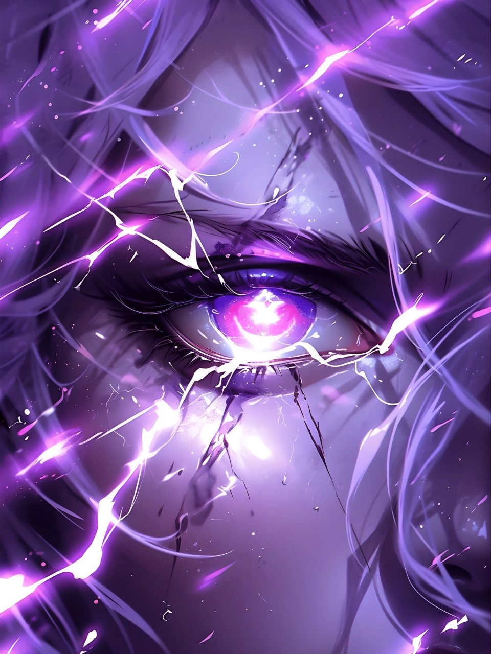 紫电|极致特效-眼睛特写镜头 眼睛里都是紫色的闪电, 当女生愤怒起来