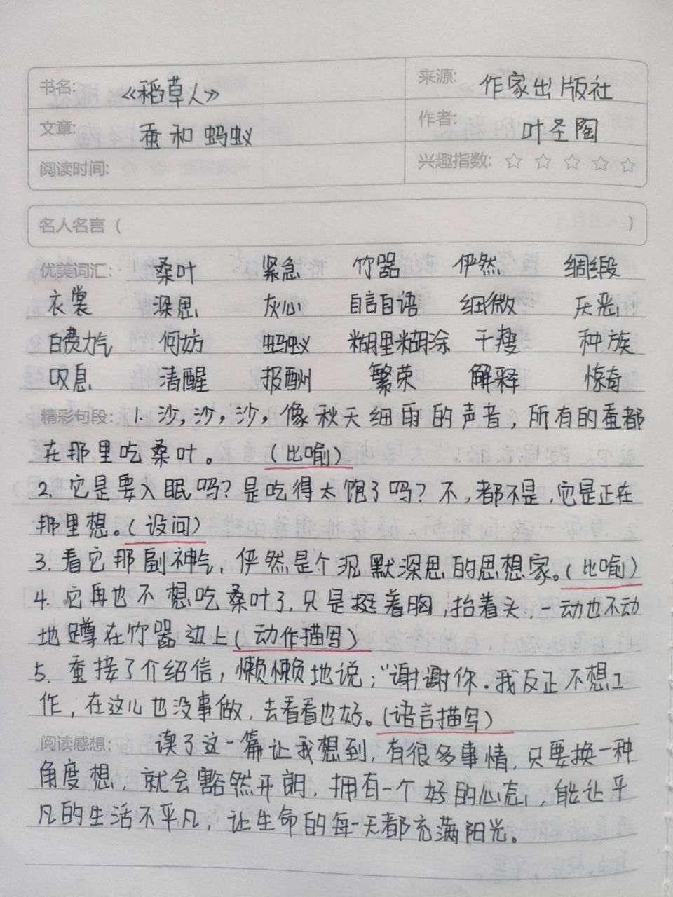 稻草人读书笔记手写读书笔记 蚕和蚂蚁,皇帝的新衣,稻草人读书笔记