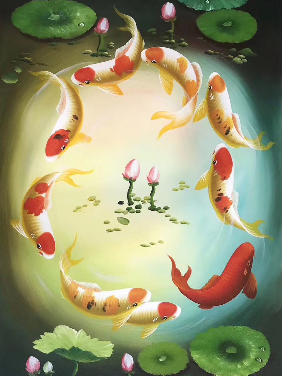 油画九鱼图 尺寸:90x60