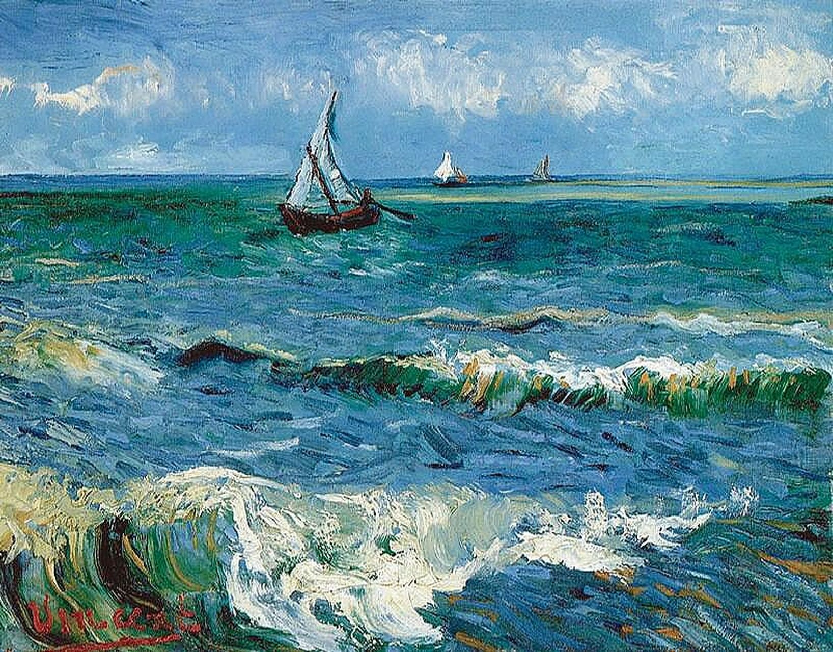 油画分享【阿尔的海洋】梵高 《阿尔的海洋》是梵高创作于1888年夏的