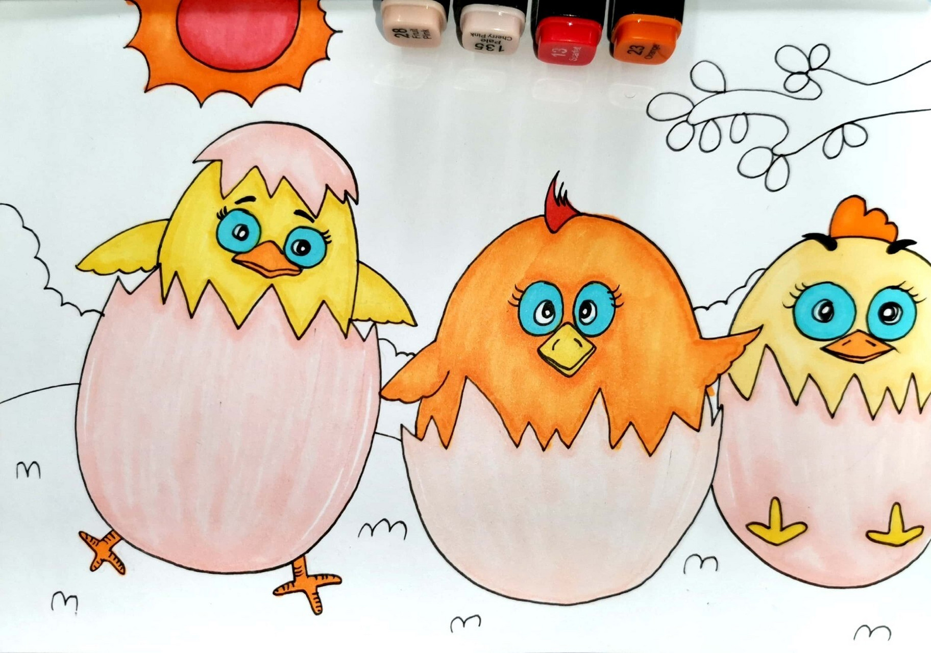 小鸡宝宝 鸡蛋壳 创意儿童画 简笔画 马克笔