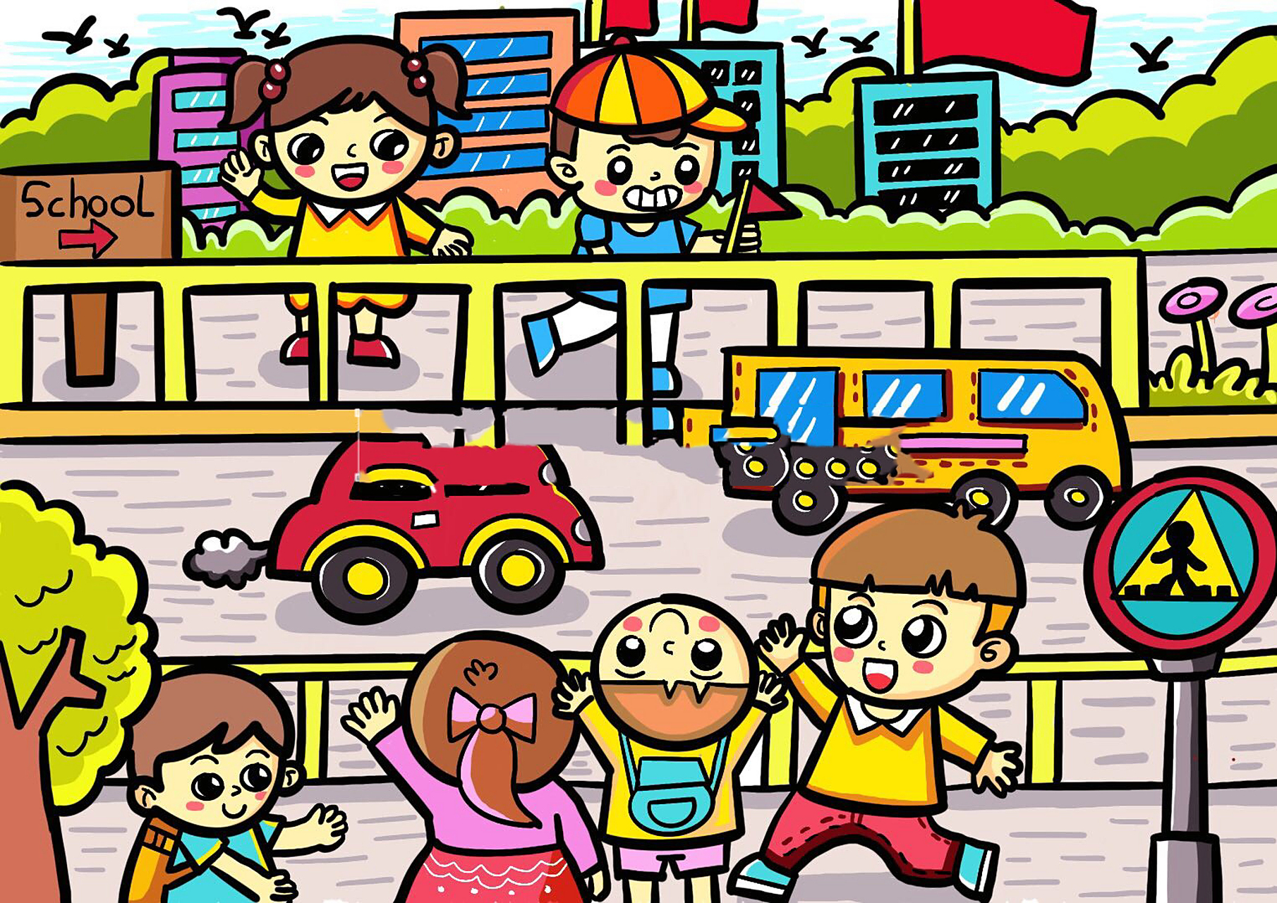 儿童画分享:上学路上 好久没更新了, 这是一张ipad临的,并且有一点