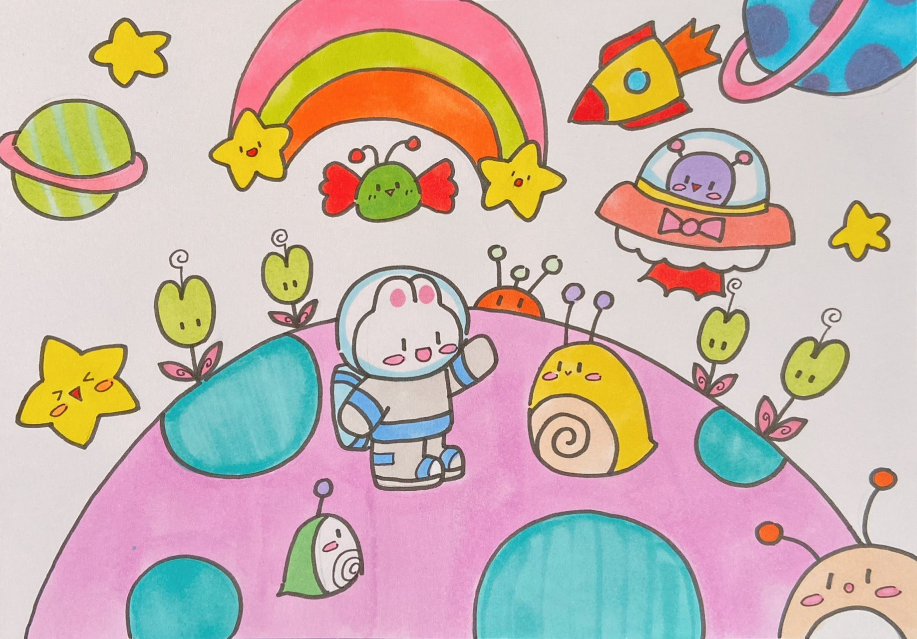 外星人外太空宇宙火箭星球彩虹儿童画简笔画 美术宝 飞去外太空 课效