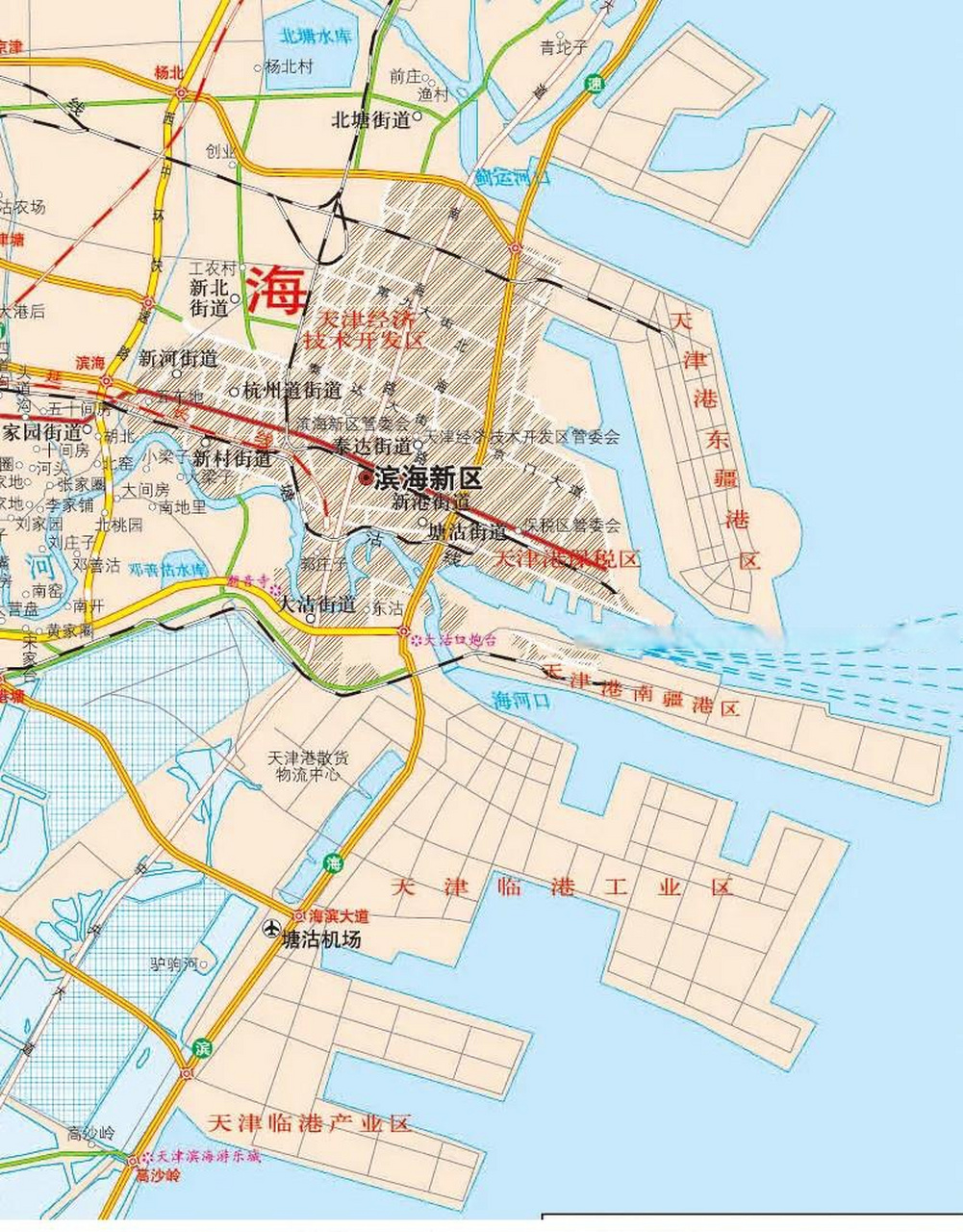 我国北方大港口——天津港地图,这不是天然深水港,是人工港,挖出来的