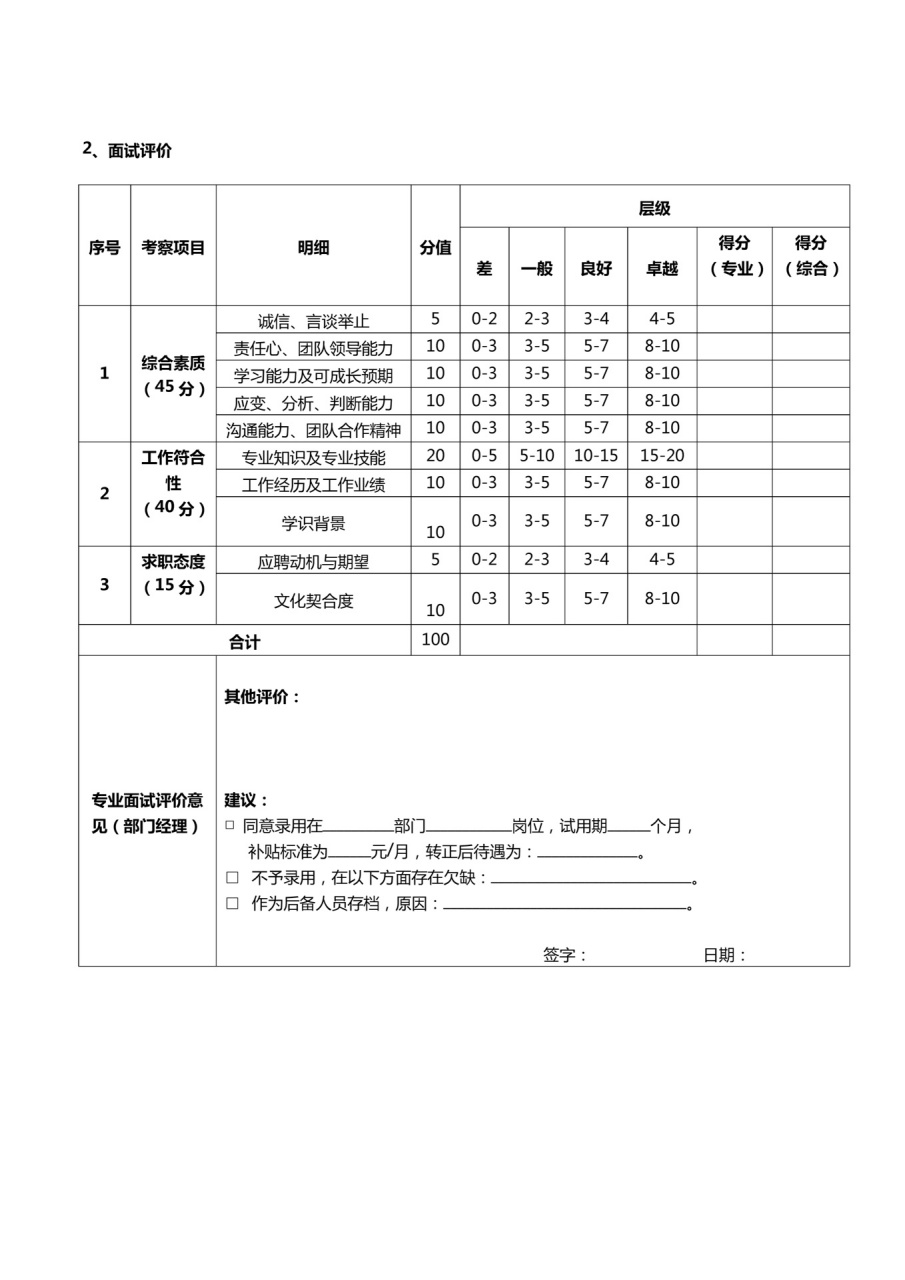 学生会面试评分表模板图片