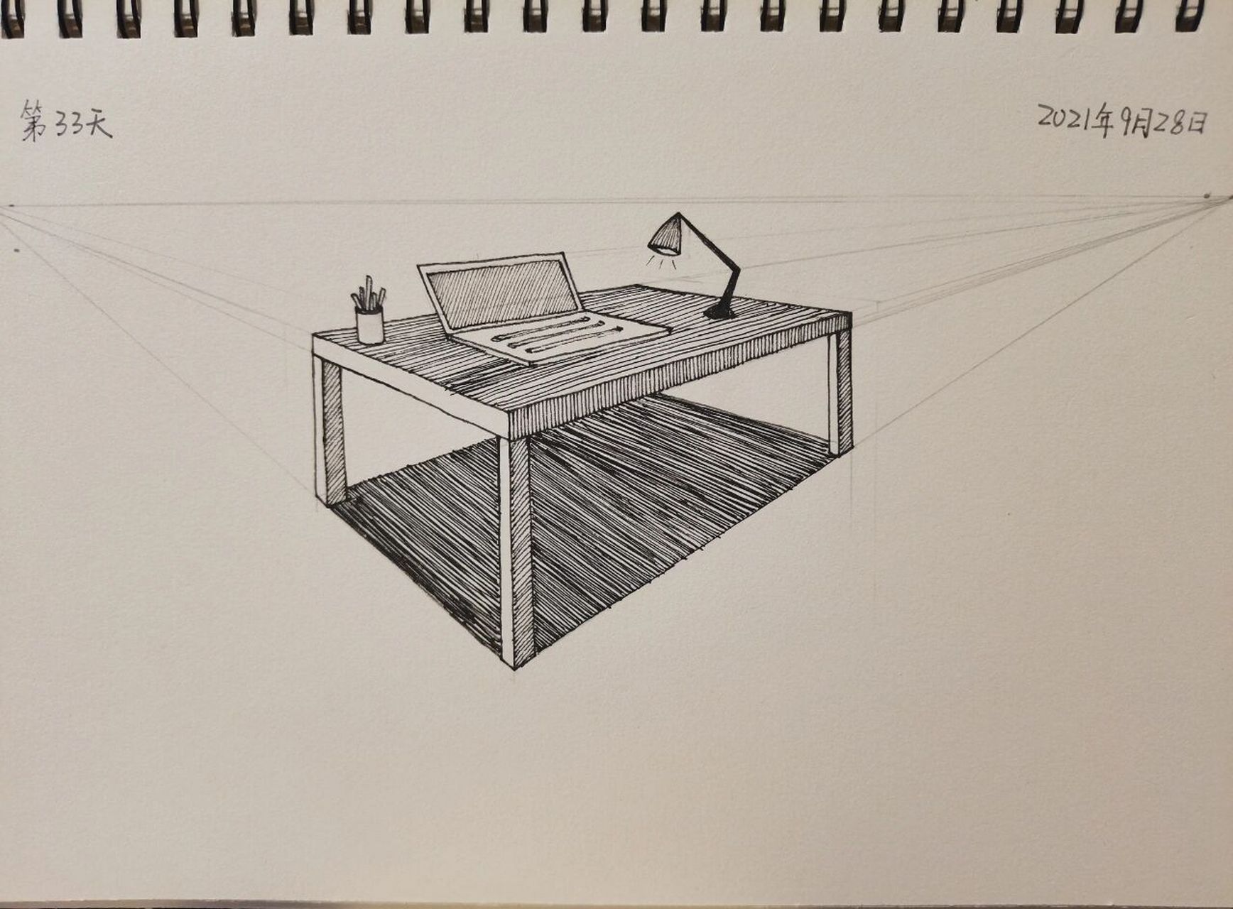 控笔练习/两点透视小桌子(附步骤图)day33 7715控笔练习第33天