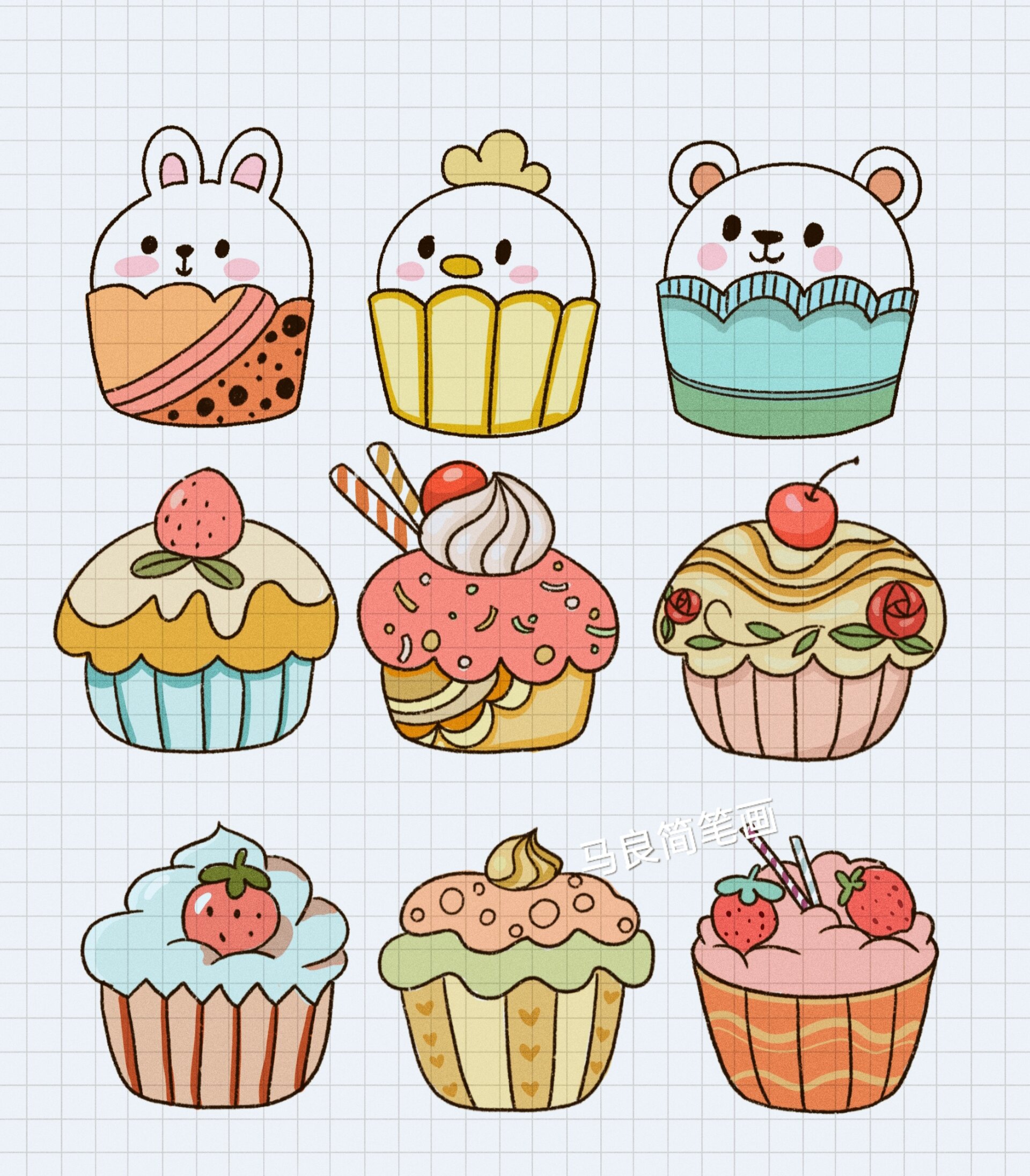 简笔画|草莓纸杯蛋糕甜品甜点食物手帐素材