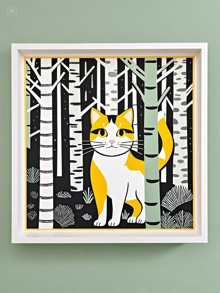 方形猫咪装饰画,用线条类装饰画讲述一个猫咪与森林的故事,装饰画图案