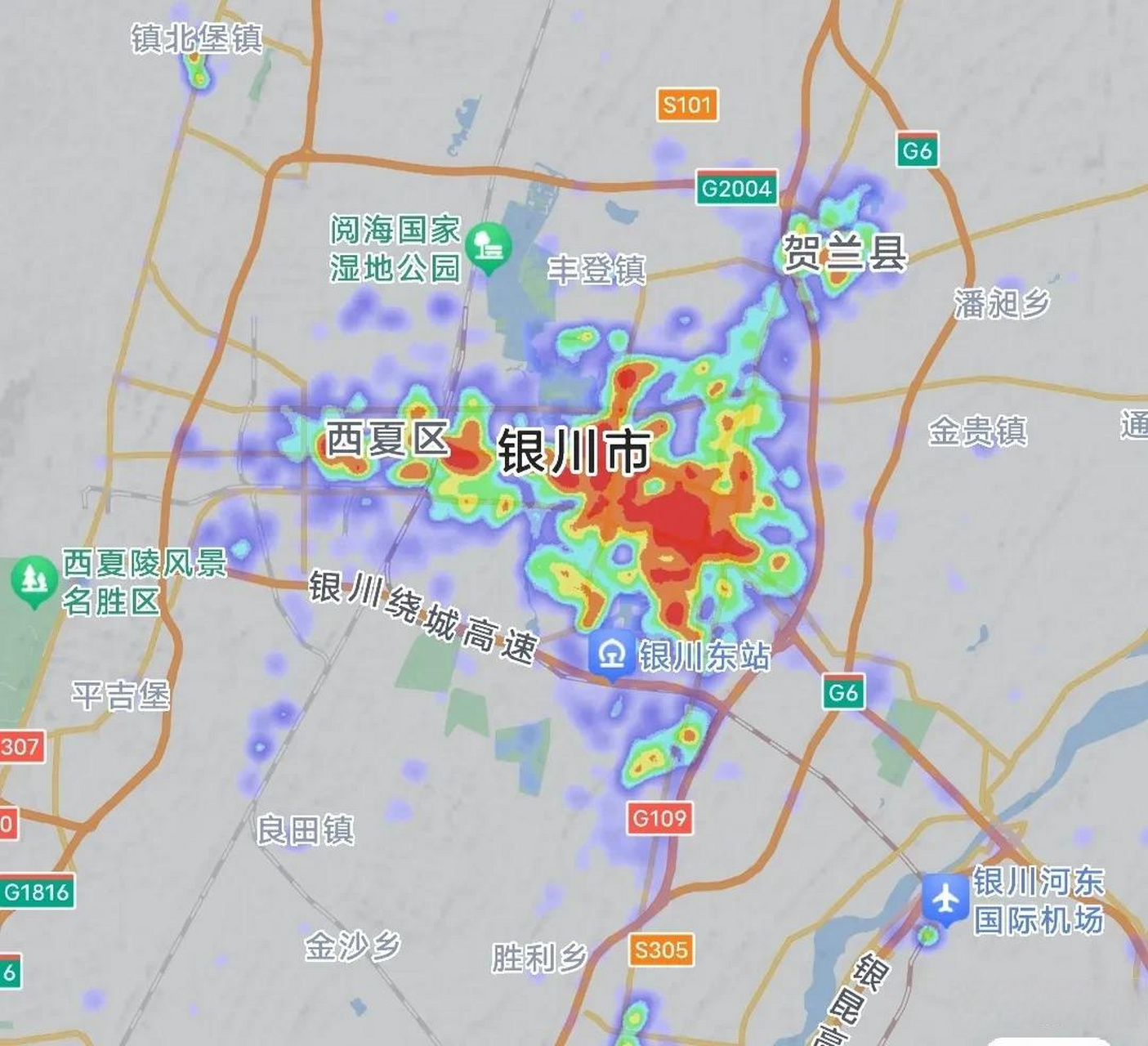 银川这些年发展很快通过热力图来看几乎跟兰州差不多.
