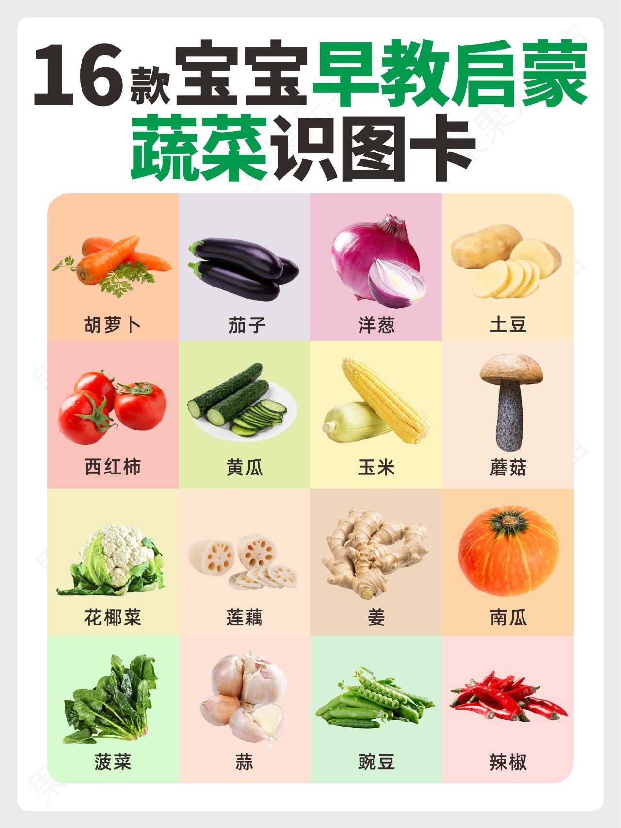 存 | 16款宝宝早教启蒙蔬菜识图卡 宝宝的蔬菜启蒙认知课程第一堂开课