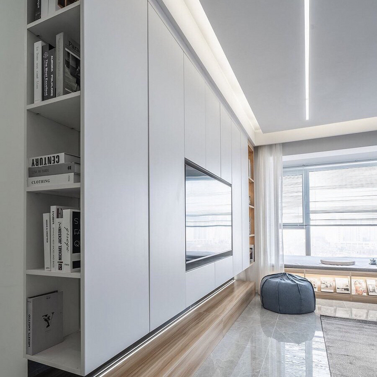 78一整面墙柜子设计,增加储物空间,方便收纳.