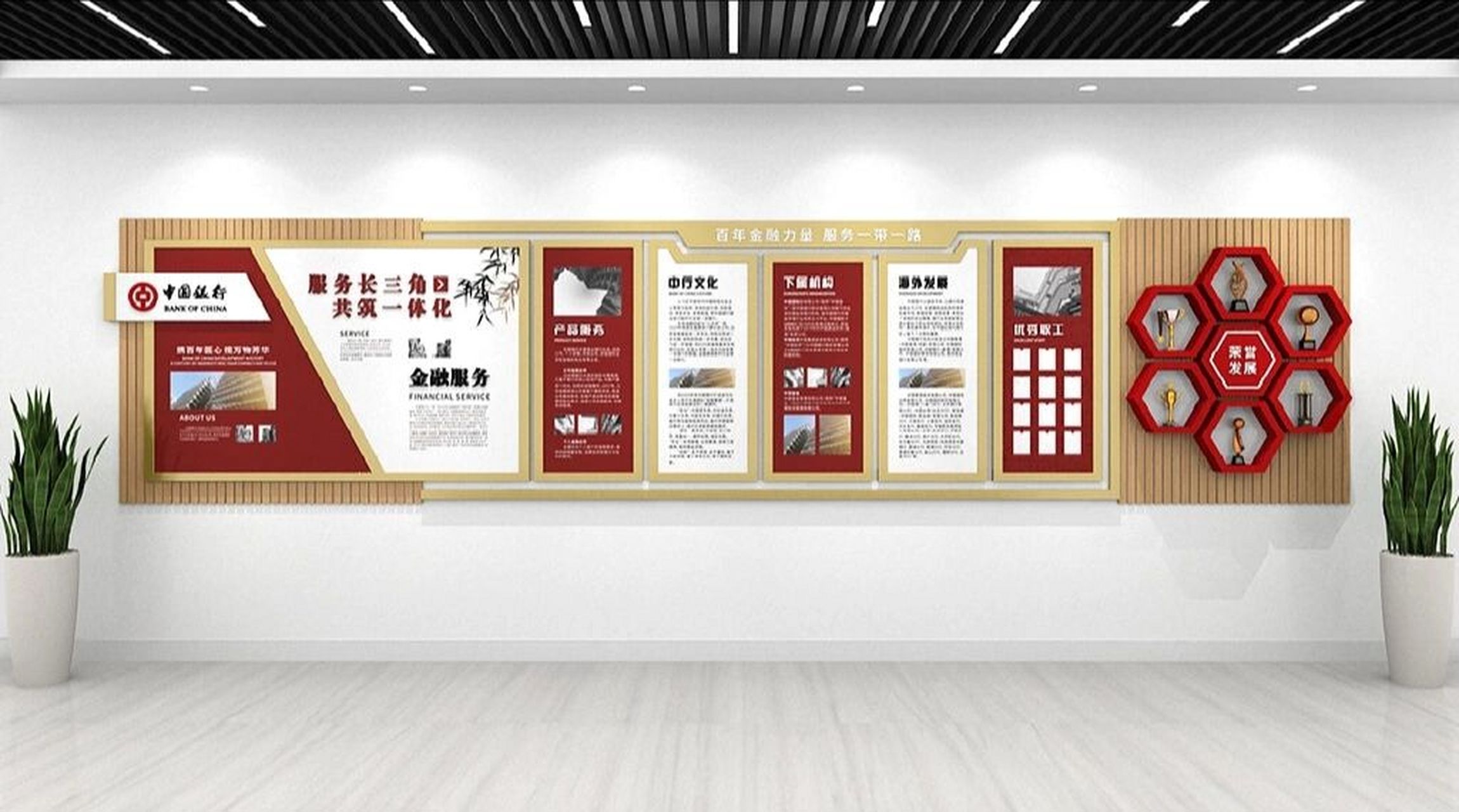 中式银行企业文化墙设计案例分享 红色大气中式   中国工商银行
