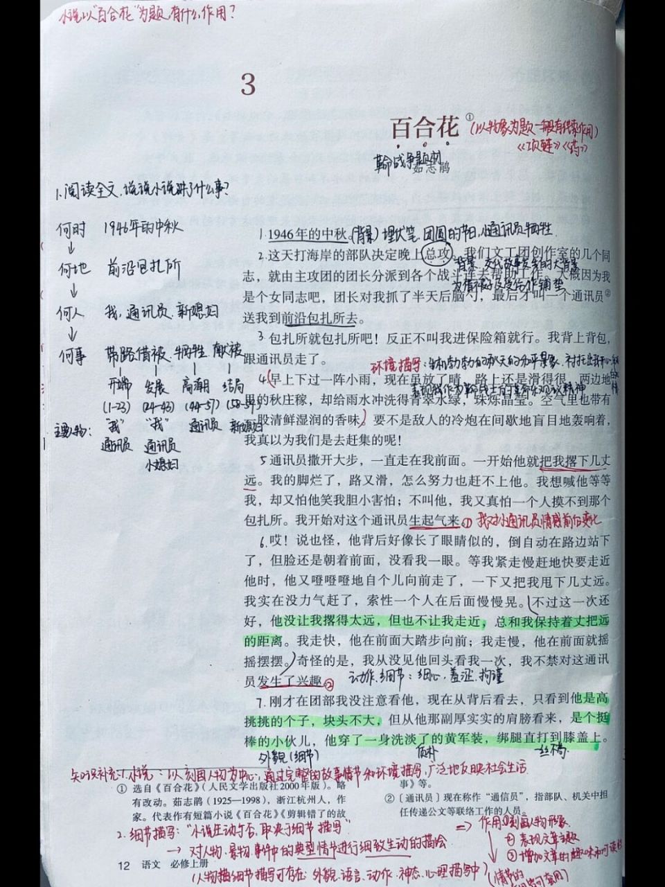 高一必修上《百合花》课本笔记 总结了一些小说答题技巧,欢迎参考.