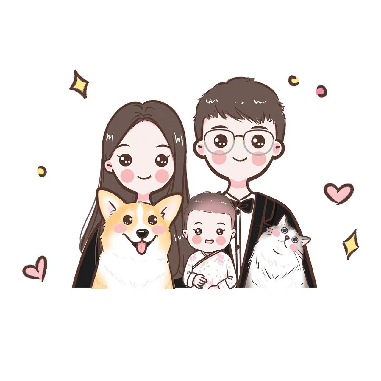 手绘全家福一家三口头像,满满的幸福感7815 一家三口四口卡通头像