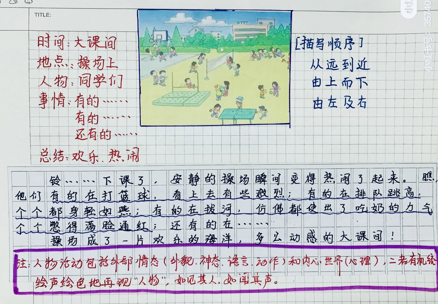 看图写话《操场上》 人物活动包括外部形态(外貌,神态,语言,动作)和