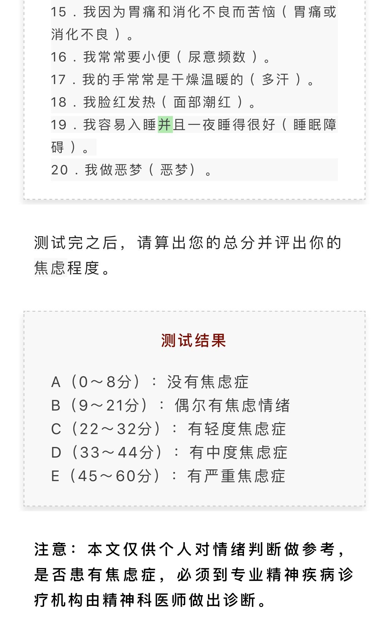 焦虑症测试量表,sas焦虑症自测量表测试题!