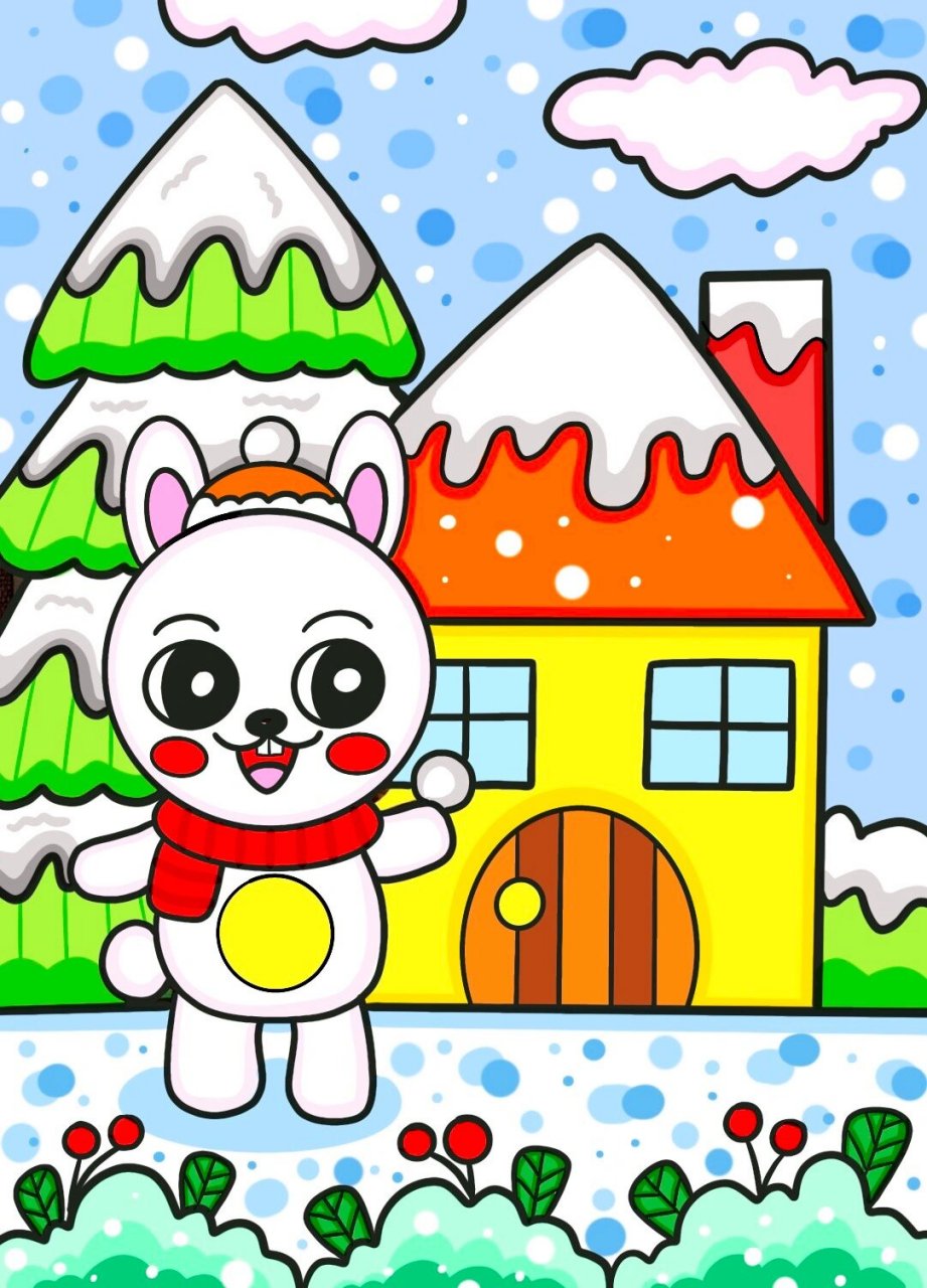 冬季小兔子 兔年儿童画 下雪冬天雪景创意画 马上就是兔年了 可爱的小