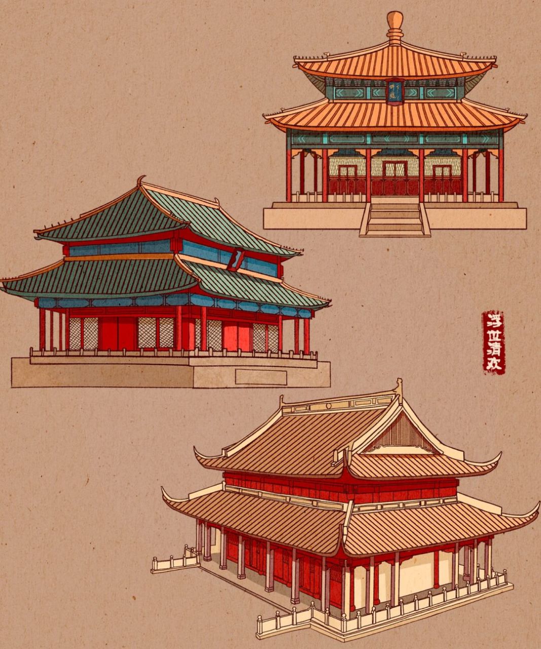 国风元素练习|古建筑 前面画的线稿,现在来上色啦,建筑上色比较简单