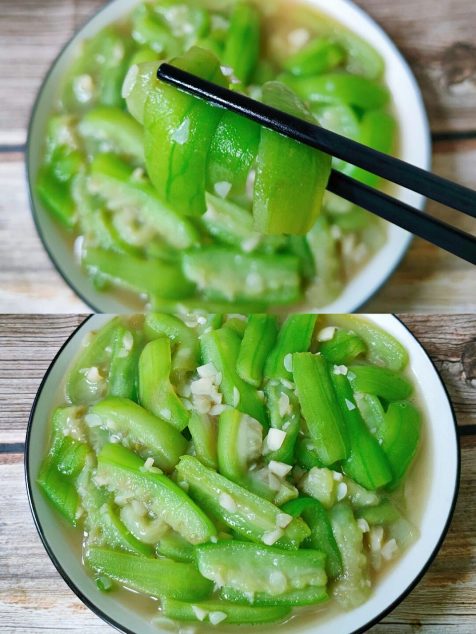 蒜蓉丝瓜,蒜香浓郁 	 食材:丝瓜2根,大蒜3瓣,盐适量,酱油1勺.