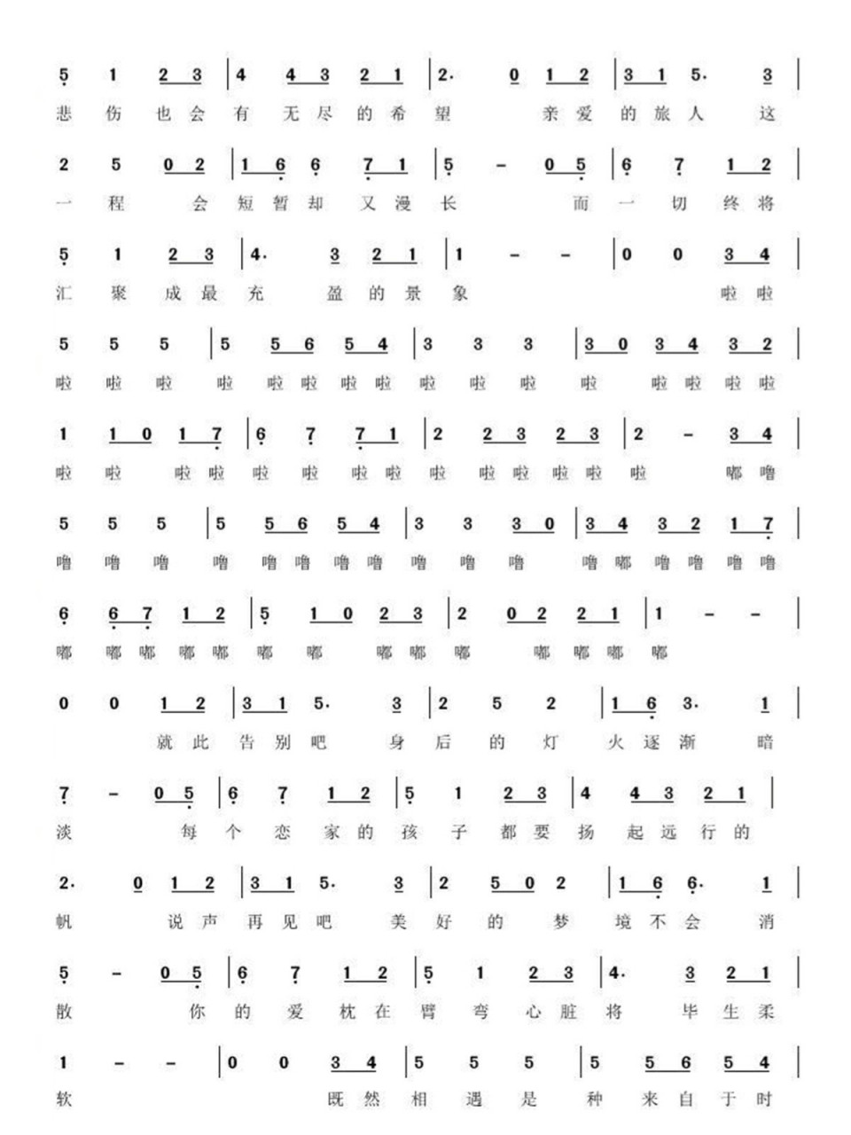 电影《千与千寻》 童年的回忆,周深原版《亲爱的旅人》简谱