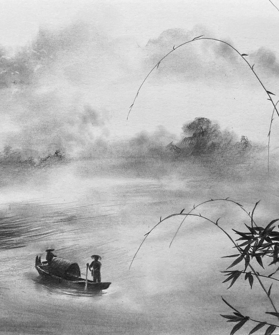 用铅笔画出水墨画的风格,柔美虚实的同时,要把握好素描关系,近景,中景