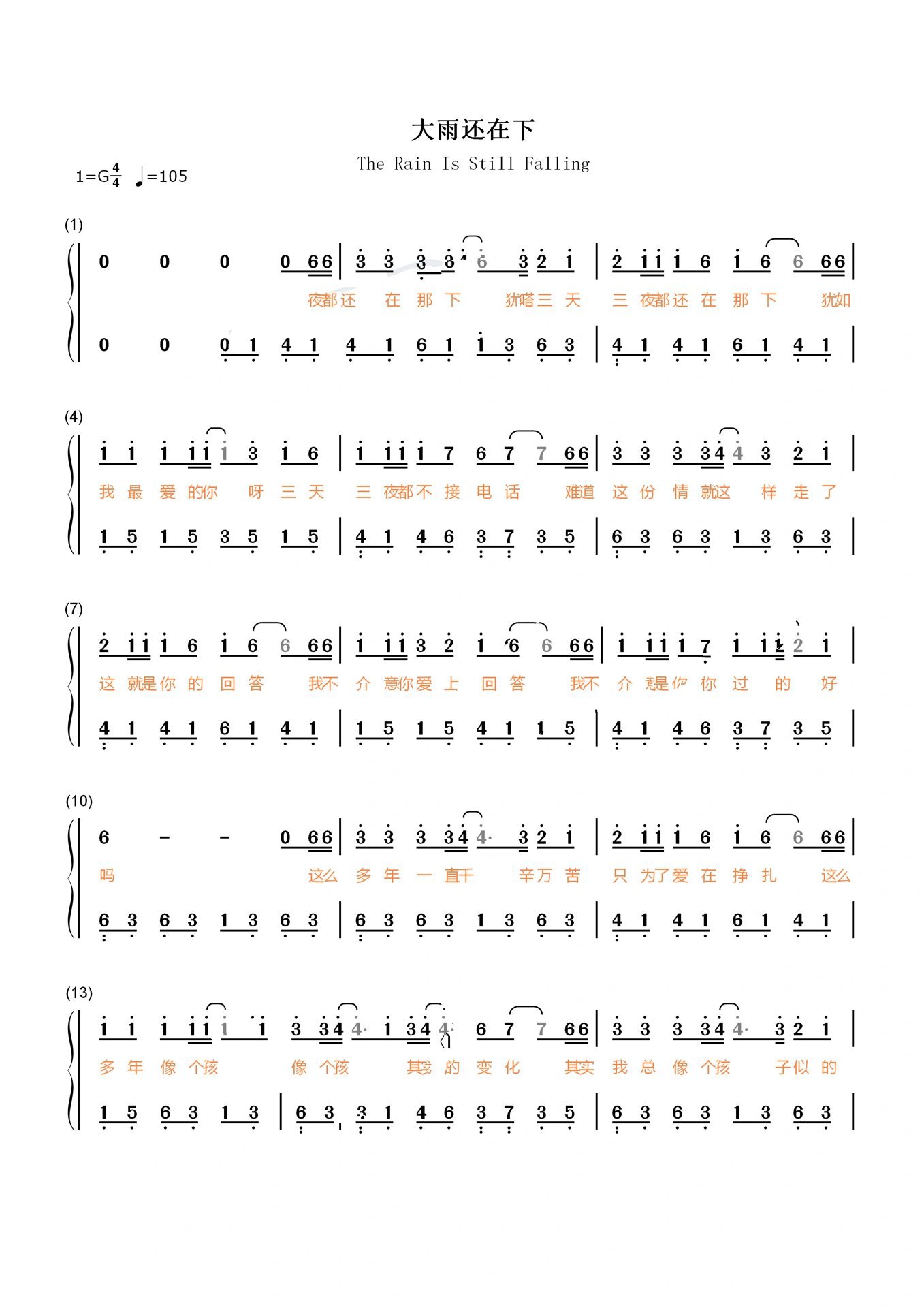 《大雨还在下》简谱钢琴双手曲谱