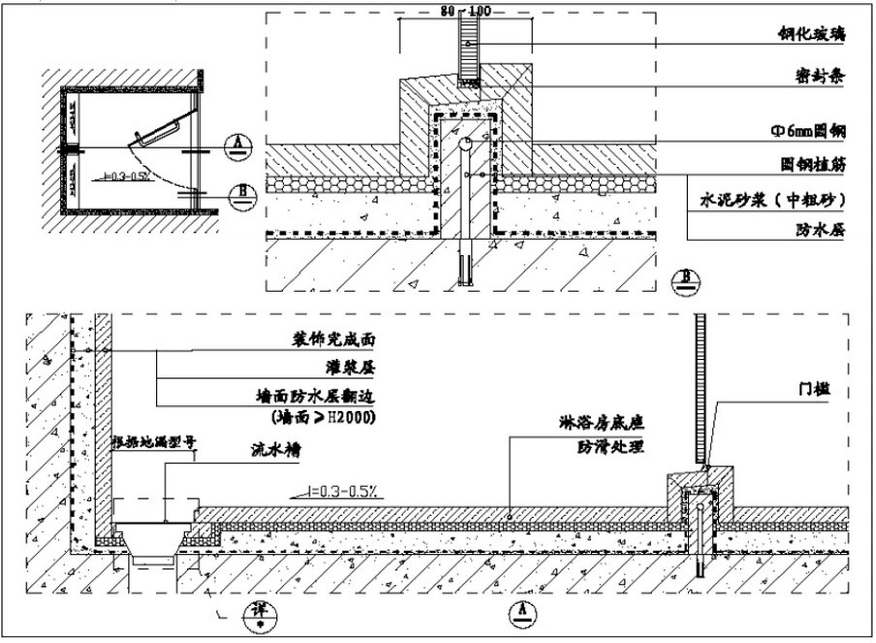 淋浴房止水坎 淋浴房止水坎结构楼面预植φ6mm圆钢,间距不大于300mm
