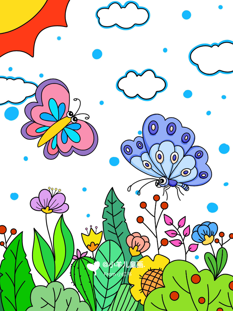 花丛中的小蝴蝶03 儿童创意画 蝴蝶儿童画 