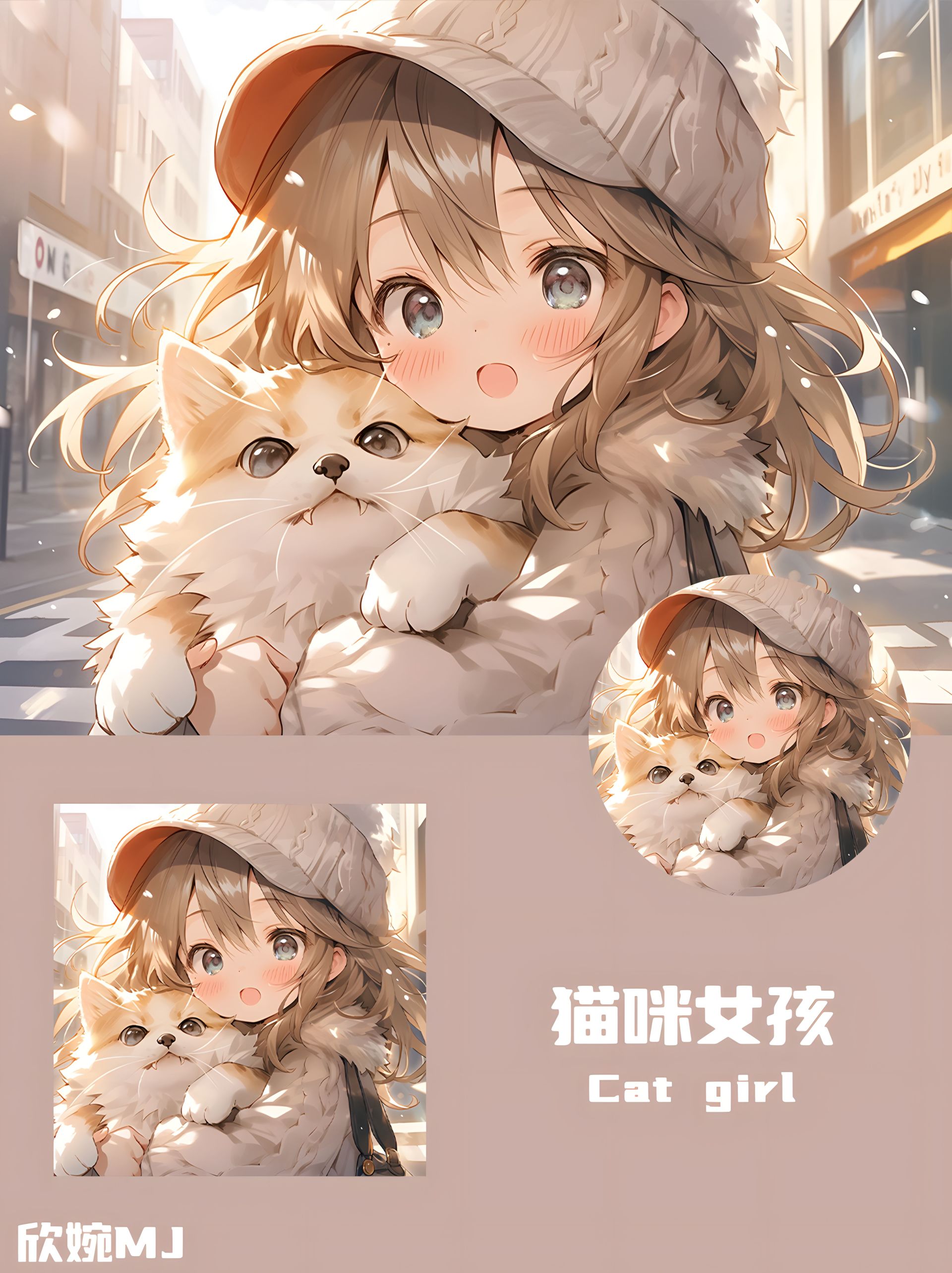 猫咪女孩丨卡通头像丨单人 一个在抱着可爱猫猫的小女孩