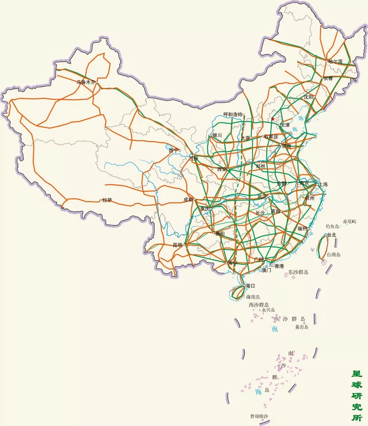 部分纵线示意图,部分横线示意图 	 说明:绿线为高速,红线为普通国道