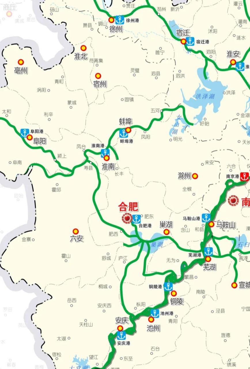 淮南港,蚌埠港,轮船往东经洪泽湖进入大运河,往南经江淮运河直通长江