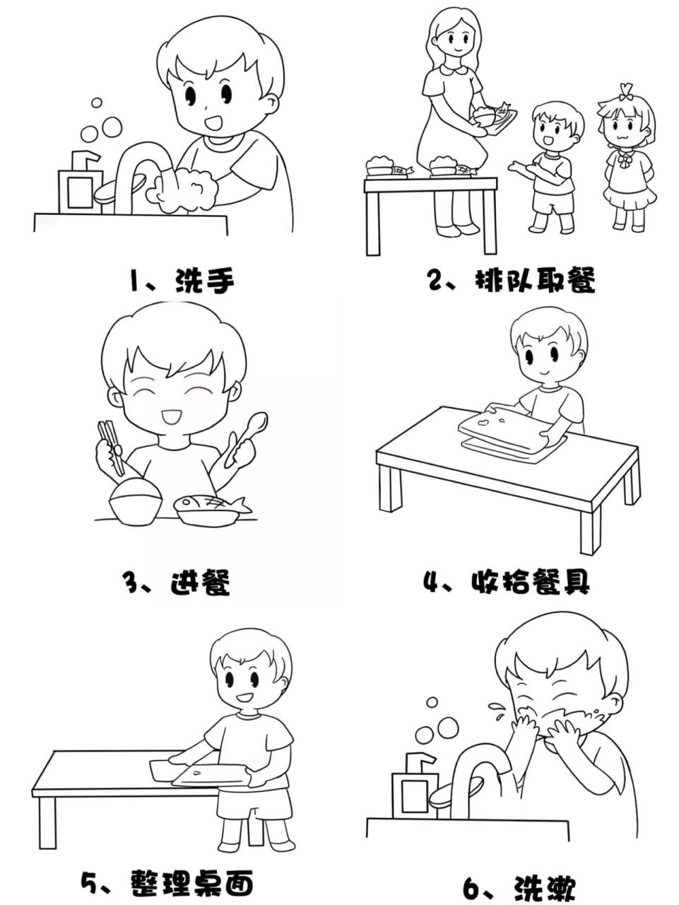 幼儿园进餐流程 黑白单个可打印