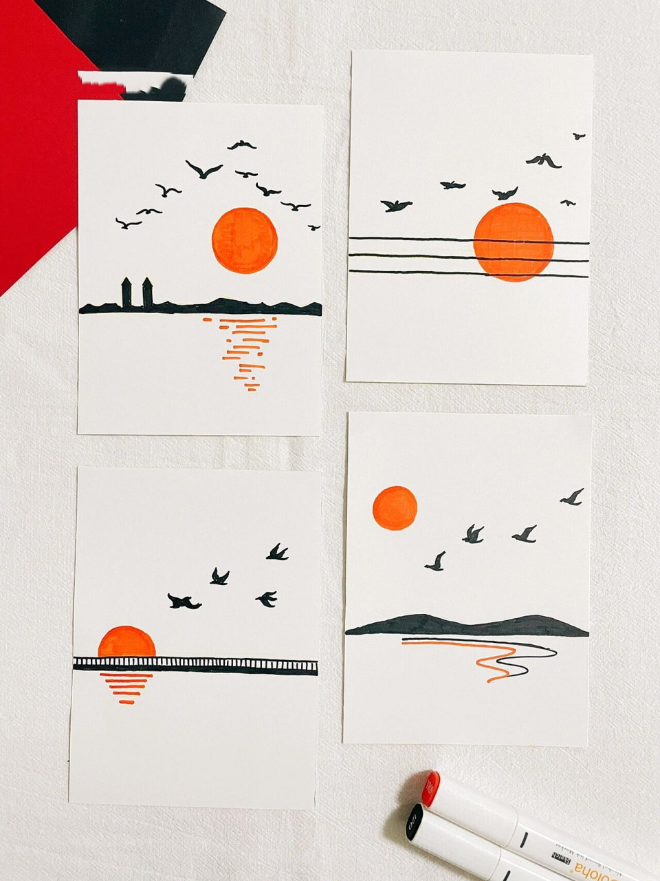 「飞鸟」简笔画 飞鸟落日风景简笔画~ 马克笔:多乐绘